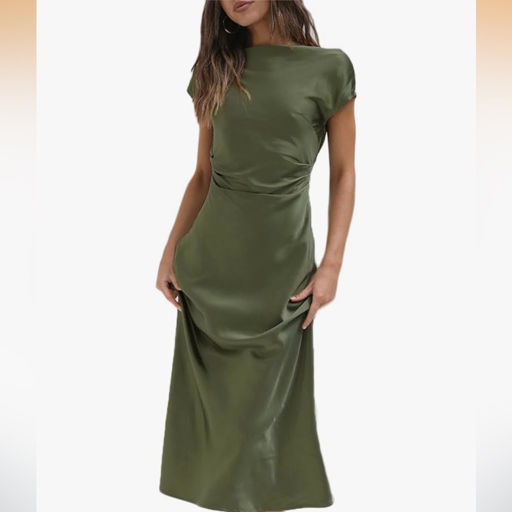 Green Satin Midi Dress with Cap Sleeves and Cowl back